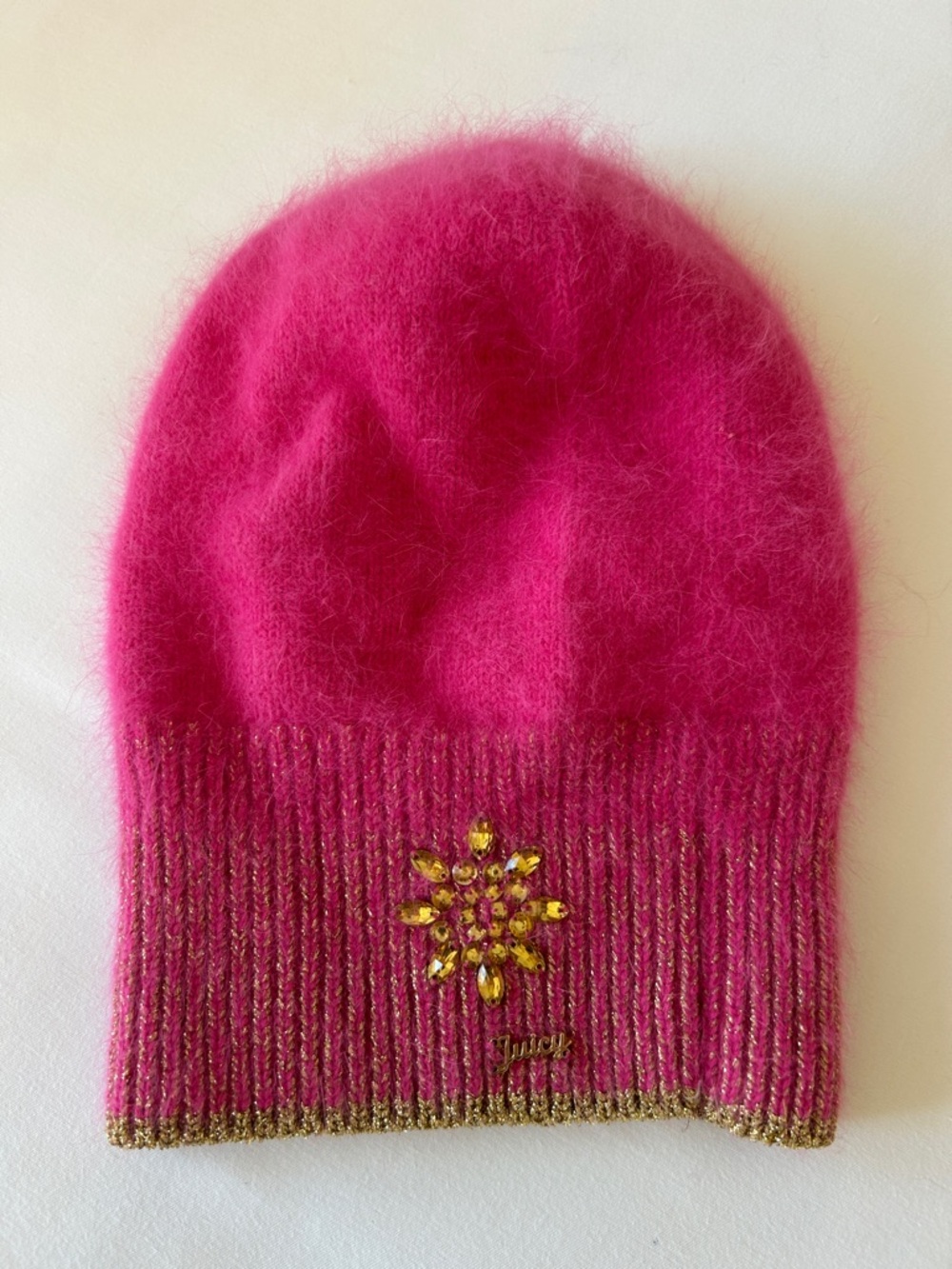Juicy Couture Fuchsia soft Angora Beanie with Gold Cuff and Yellow Gem Detail OS